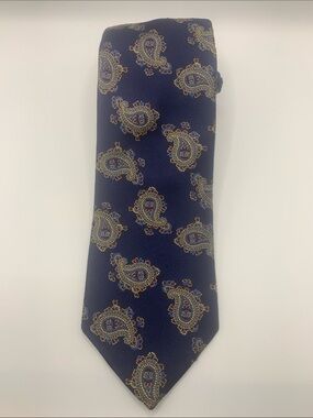 Brooks Brothers Navy Silk Paisley Tie with Gold and Red Accents